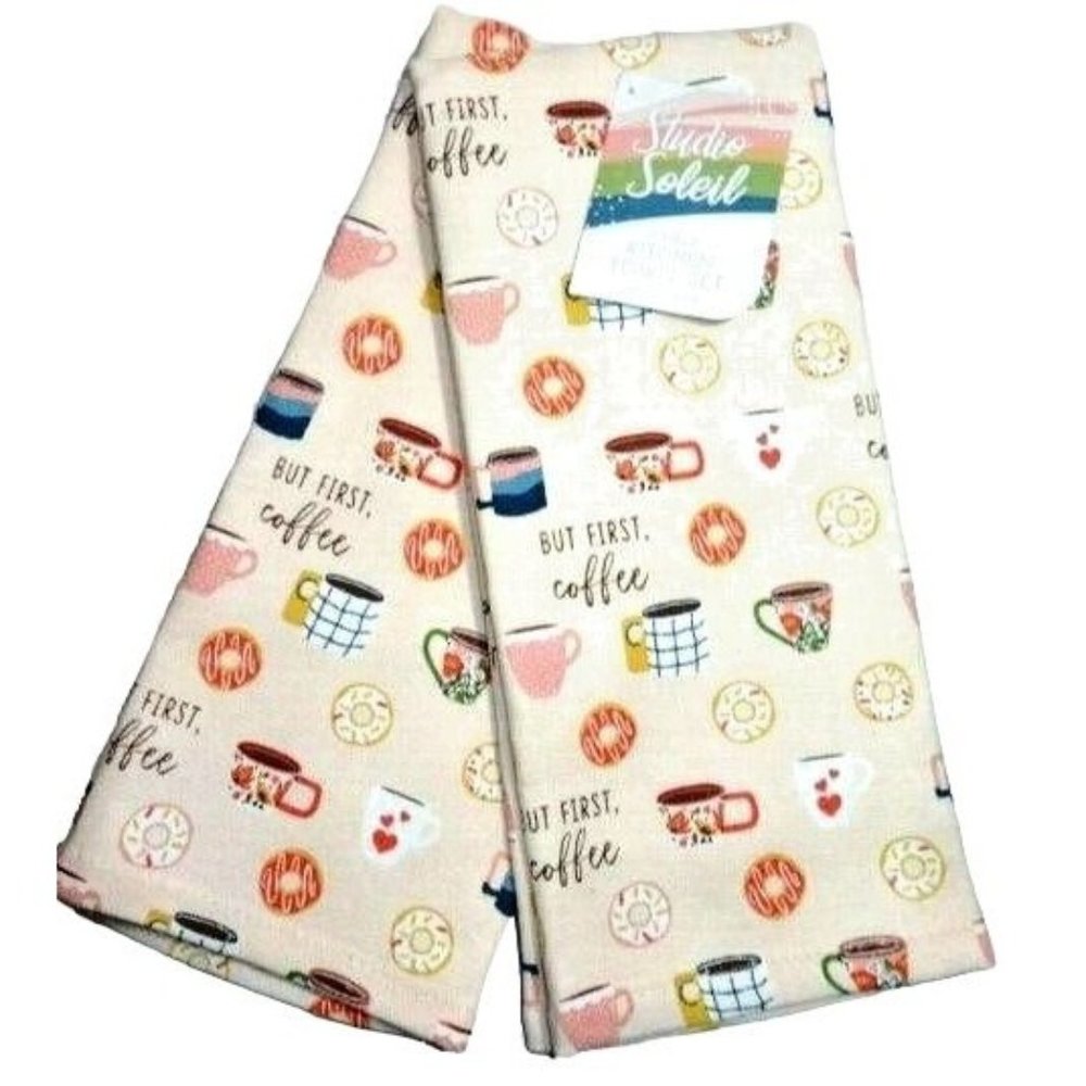 Studio Soleil But Coffee First 2-pc Kitchen Tea Towel Cotton Terry Doughnuts NWT